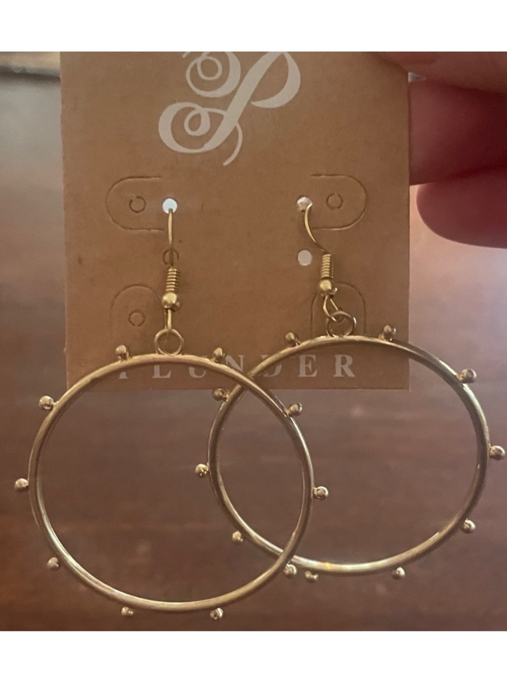 Plunder Circle Dangle Earrings Stud accents 2.5” drop Gold-tone New in gift bag